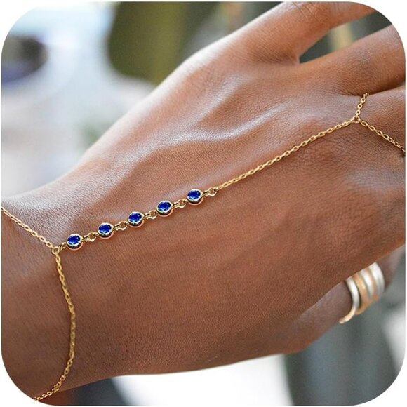 Hand Chain Bracelet Ring Bracelet Hand Chain Dainty Gold And Blue - Picture 1 of 7